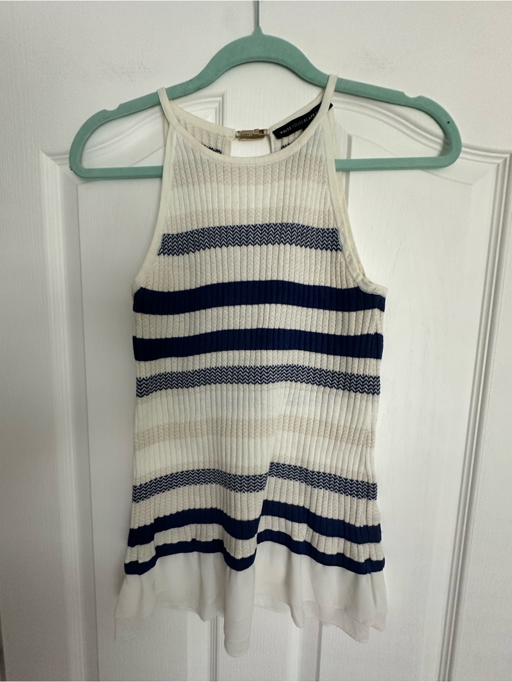 White House Black Market White and Navy Ribbed Halter Tank
